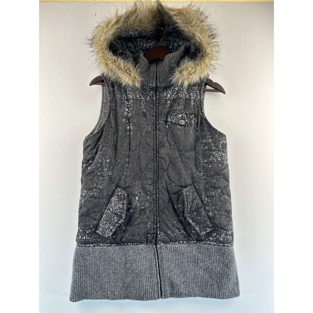 Empyre Reversible Quilted Hooded Vest Large Lambswool Grey Faux Fur Trim Boho - Picture 14 of 16